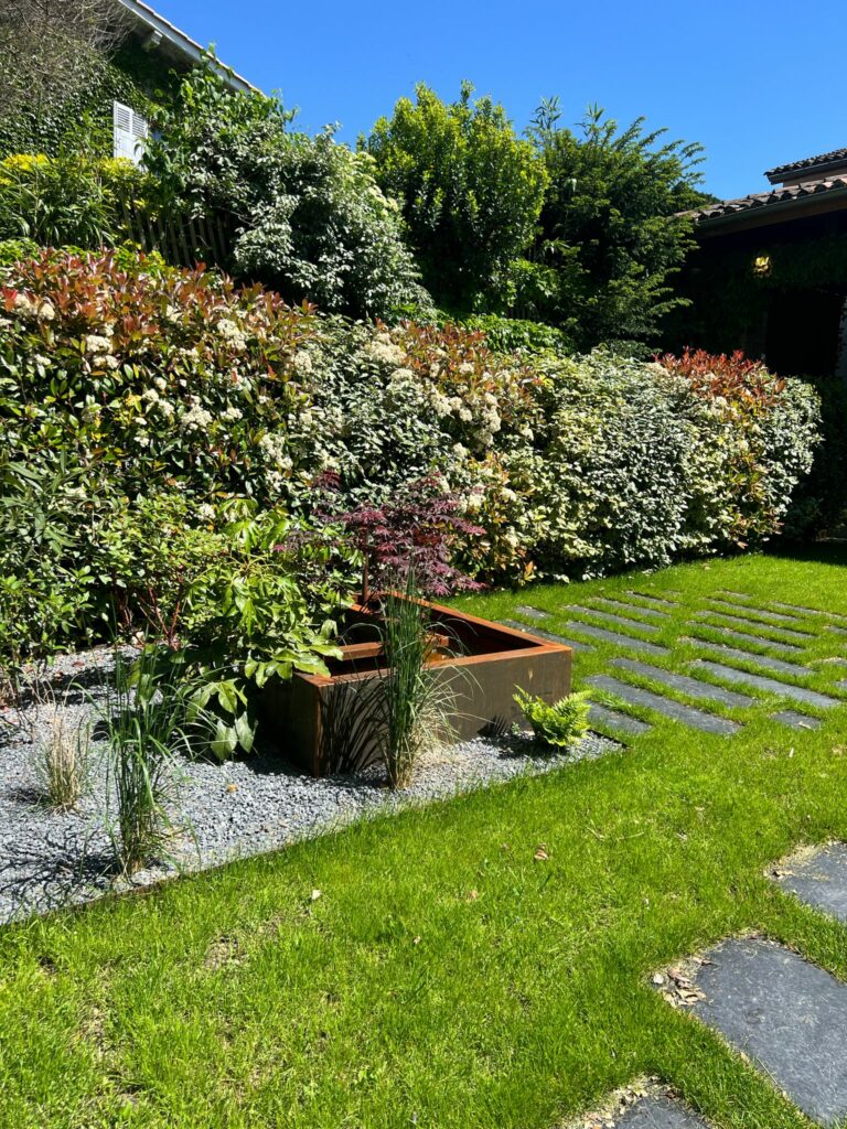 Jardin paysager facile à entretenir avec massifs denses et végétaux couvre-sol